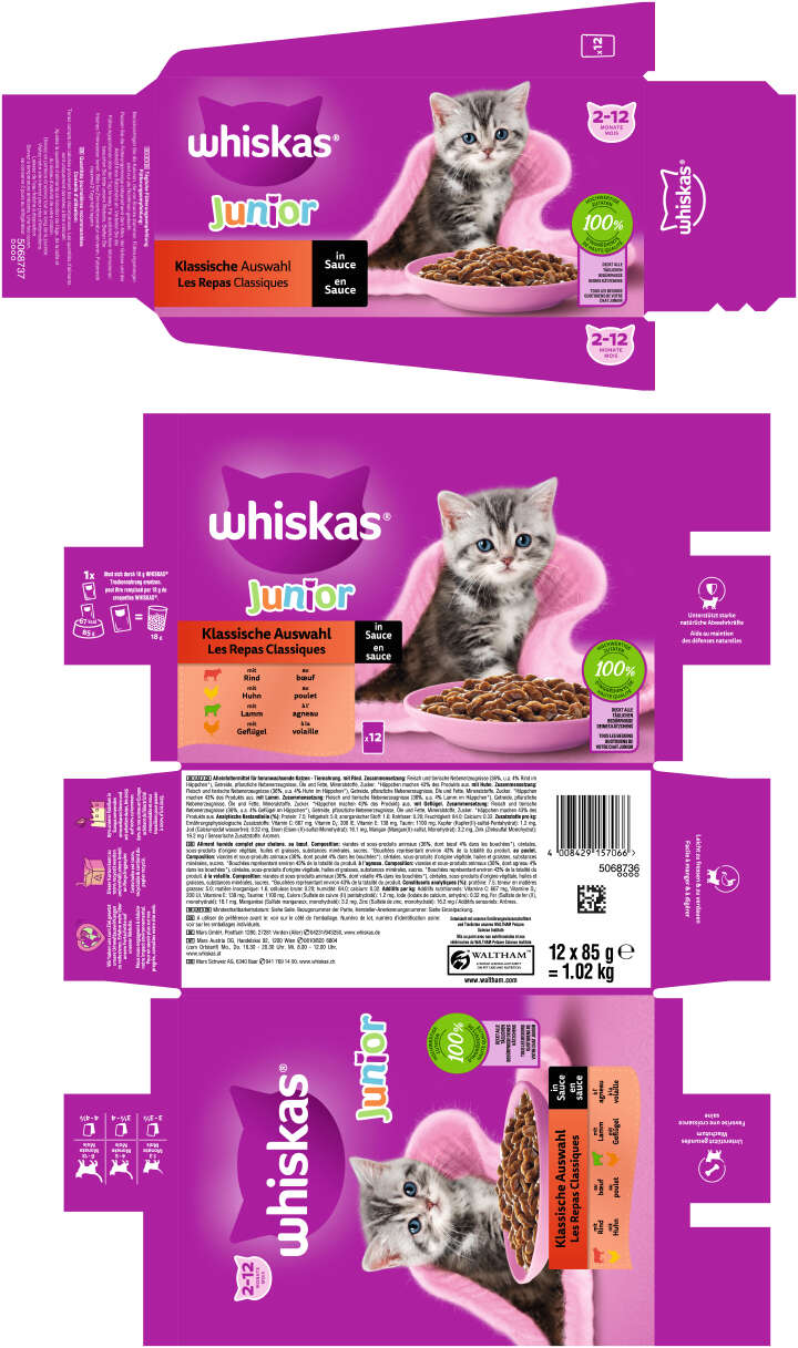 whiskas Katzen-Nassfutter Portionsbeutel Multipack Junior Klassische Auswahl in Sauce 12 x 85g